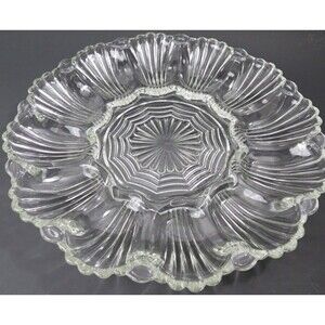Anchor Hocking Clear Deviled Egg Plate Shell Compartments & Scalloped Edge